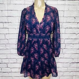 PAIGE Womens Blue & Purple Jeanne Floral Mini Smocked Long Sleeve Dress Small